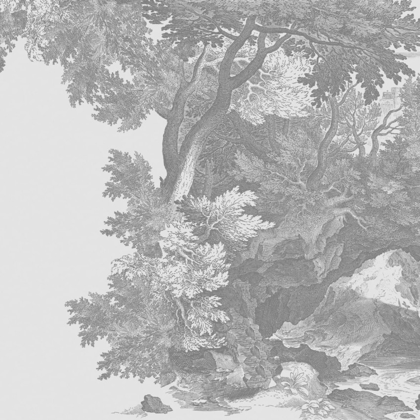 Wallpaper Pompei Variant 2 cu un design clasic reprezentând o peisaj cu un râu, stânci și copaci.
