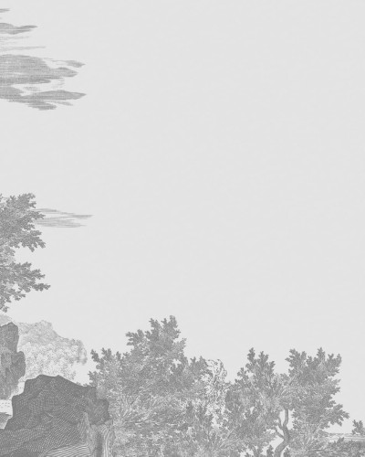 Wallpaper Pompei Variant 2 cu un design clasic reprezentând o peisaj cu un râu, stânci și copaci.