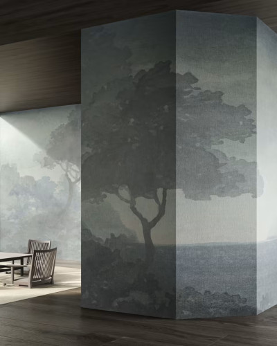 Tapet cu design artistic, minimalist, cu un copac solitar care se ridică din peisajul marin