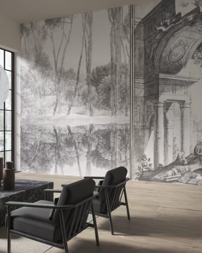 Tapet cu design clasic, inspirat din arhitectura italiană, cu un peisaj liniștit, cu copaci și o arcadă monumentală, realizat în nuanțe delicate de gri.