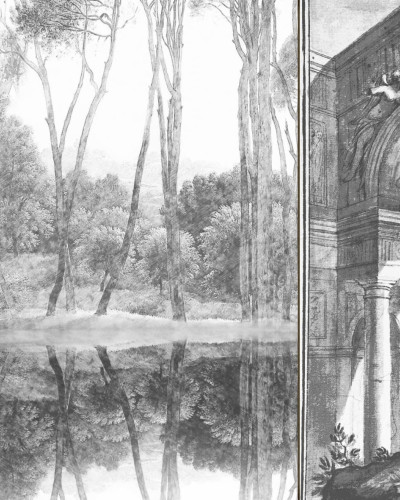 Tapet cu design clasic, inspirat din arhitectura italiană, cu un peisaj liniștit, cu copaci și o arcadă monumentală, realizat în nuanțe delicate de gri.