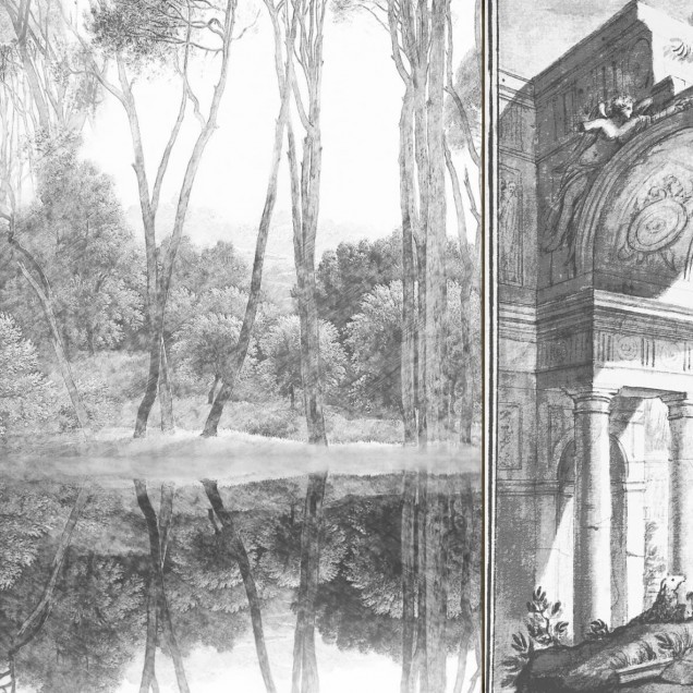 Tapet cu design clasic, inspirat din arhitectura italiană, cu un peisaj liniștit, cu copaci și o arcadă monumentală, realizat în nuanțe delicate de gri.
