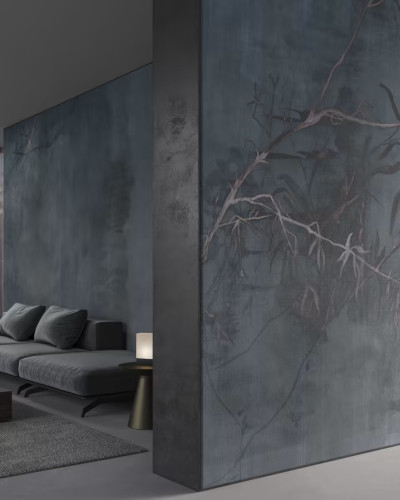 Tapet cu design modern si rafinat, cu nuante de albastru si ramuri delicate.