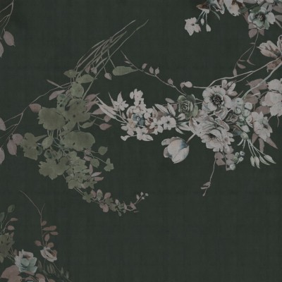 Tapet floral elegant cu flori delicate pe un fond verde inchis.