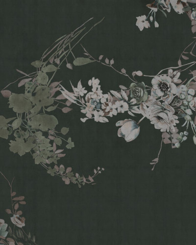 Tapet floral elegant cu flori delicate pe un fond verde inchis.
