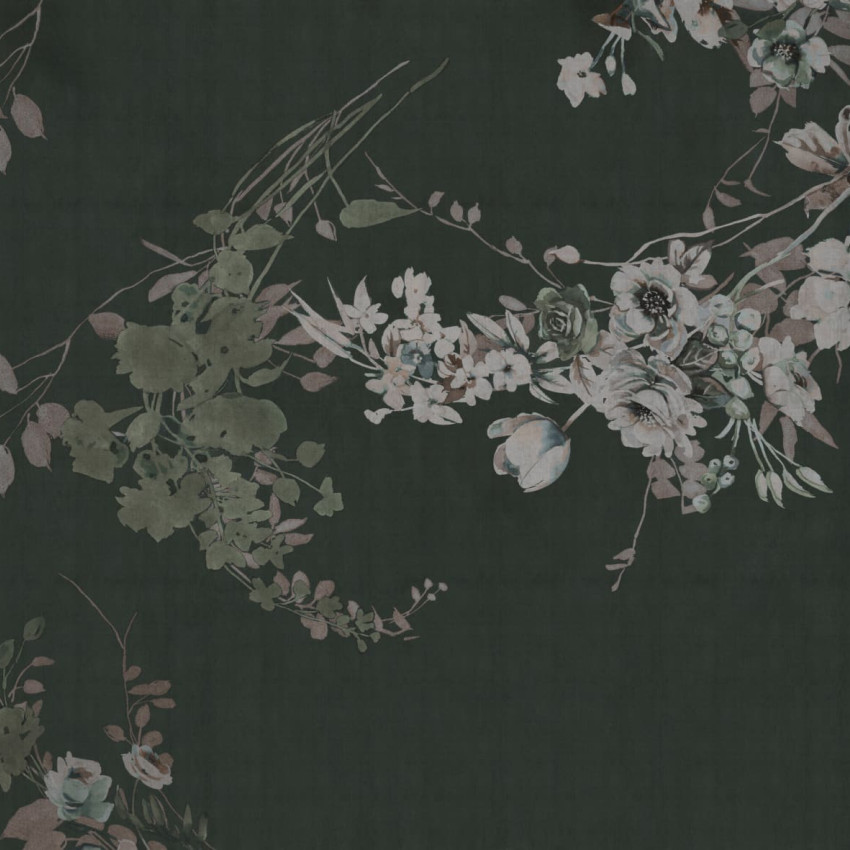 Tapet floral elegant cu flori delicate pe un fond verde inchis.