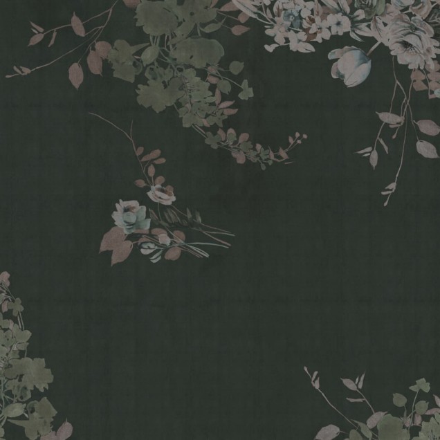 Tapet floral elegant cu flori delicate pe un fond verde inchis.