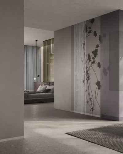 Tapet cu un design minimalist, cu culori neutre și delicate cu o imagine subtilă de ramuri florale.