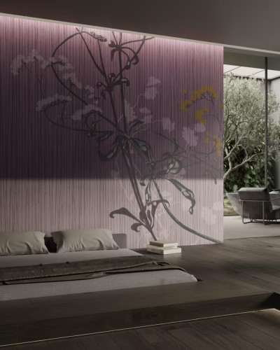 Tapet cu flori delicate, in tonuri de roz și gri, cu un design minimalist.