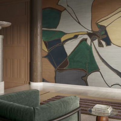 Tapet cu design abstract in nuante de verde, galben si maro