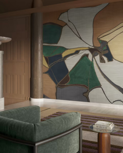 Tapet cu design abstract in nuante de verde, galben si maro