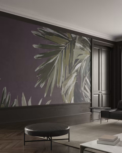 Tapet cu frunze tropicale, pe fundal mov, într-un living modern
