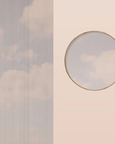 Tapet Paradiso, Variant 1, cu un design modern, minimalist, cu nuanțe de gri și un cerc auriu.