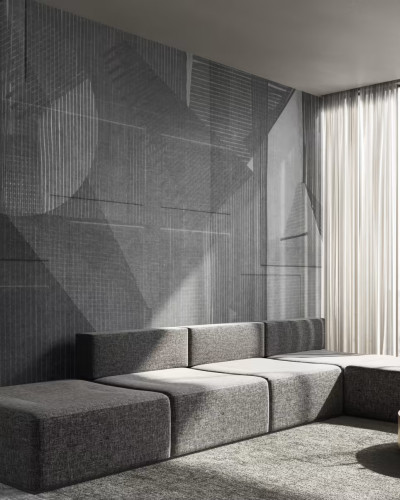Tapet cu design geometric abstract în tonuri de gri, perfect pentru a adăuga un strop de stil minimalist spațiului tău.
