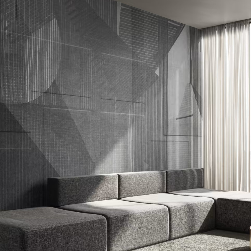Tapet cu design geometric abstract în tonuri de gri, perfect pentru a adăuga un strop de stil minimalist spațiului tău.