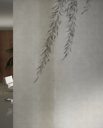 Fototapet cu design floral delicat de ramuri în nuanțe de gri, inspirat de arta japoneză Ikebana.