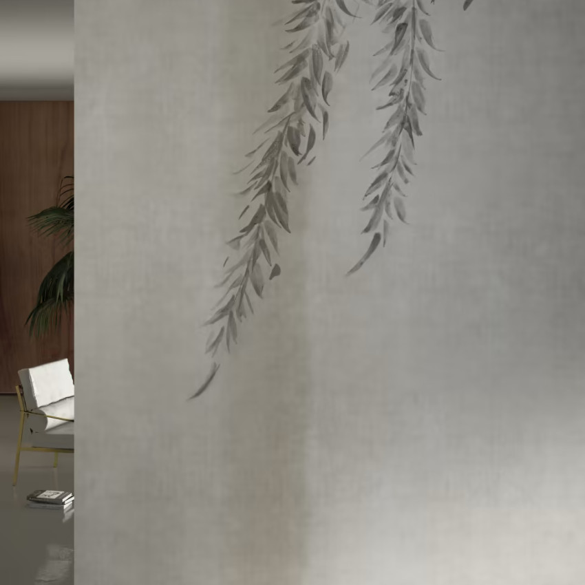 Fototapet cu design floral delicat de ramuri în nuanțe de gri, inspirat de arta japoneză Ikebana.