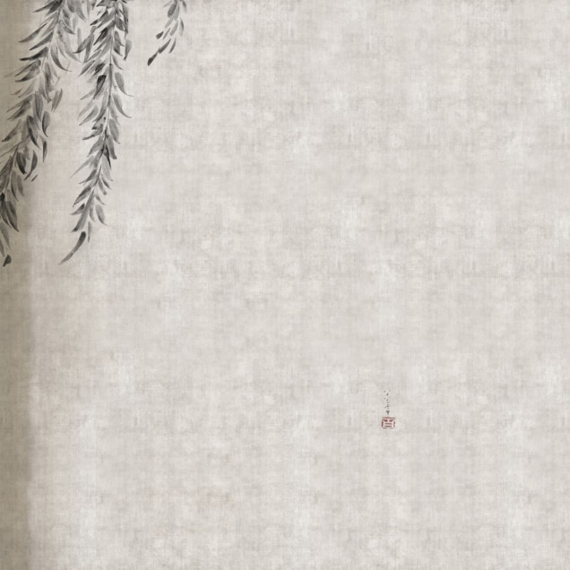 Fototapet cu design floral delicat de ramuri în nuanțe de gri, inspirat de arta japoneză Ikebana.