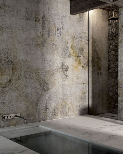 Tapet baie modern, cu design unic, ce imită textura betonului, cu o imagine minimalistă ce prezintă o baie spațioasă cu duș și o cădiță.