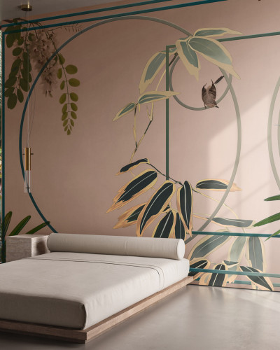 Tapet floral Per Sempre, cu frunze tropicale, accente aurii și detalii delicate.