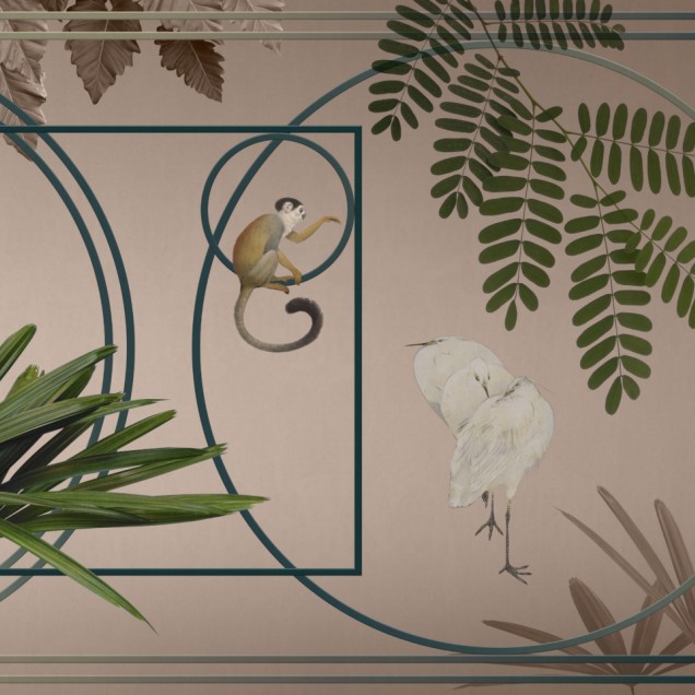 Tapet floral Per Sempre, cu frunze tropicale, accente aurii și detalii delicate.