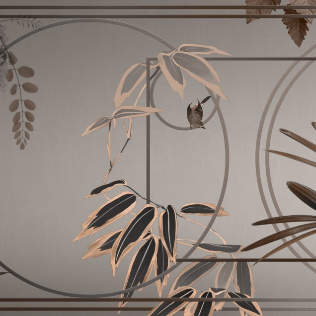 Tapet modern cu design minimalist si accente de maro si alb, cu maimuță și păsări pe un fundal gri