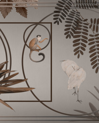 Tapet modern cu design minimalist si accente de maro si alb, cu maimuță și păsări pe un fundal gri
