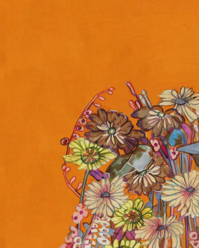 Tapet floral cu flori colorate pe fond portocaliu