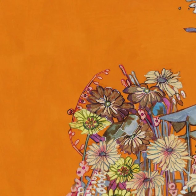 Tapet floral cu flori colorate pe fond portocaliu