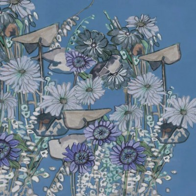 Tapet floral Beaute Variant 2 cu flori albastre și gri pe fundal albastru