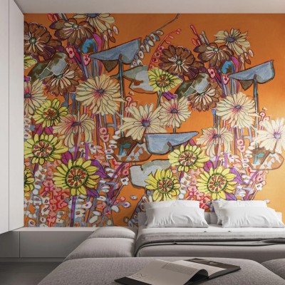 Tapet floral cu flori colorate pe fond portocaliu