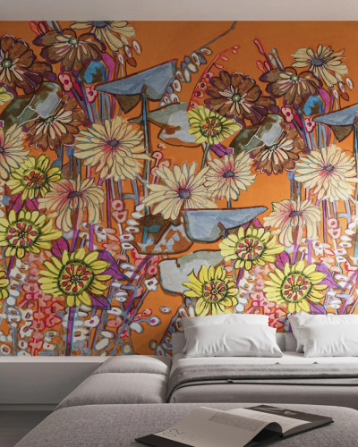 Tapet floral cu flori colorate pe fond portocaliu