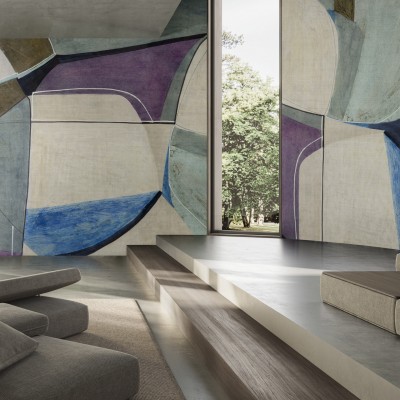 Tapet cu design abstract in nuante de albastru, maro si violet