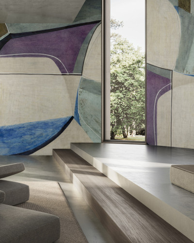 Tapet cu design abstract in nuante de albastru, maro si violet