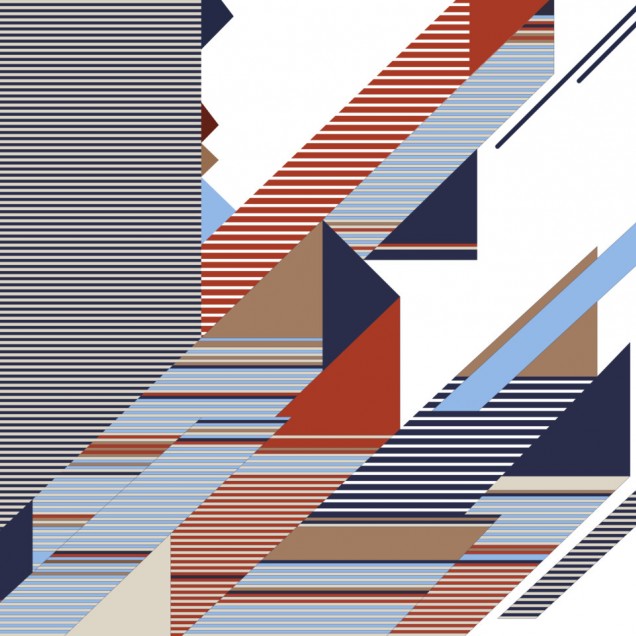Wallpaper geometric cu dungi vibrante, cu culori roșu, albastru, maro și alb.