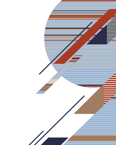 Wallpaper geometric cu dungi vibrante, cu culori roșu, albastru, maro și alb.