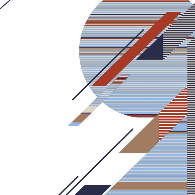 Wallpaper geometric cu dungi vibrante, cu culori roșu, albastru, maro și alb.