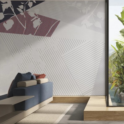 Tapet modern cu design geometric, cu linii fine și plante stilizate