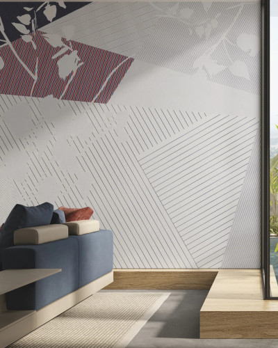 Tapet modern cu design geometric, cu linii fine și plante stilizate