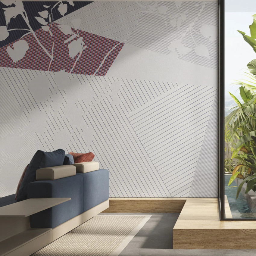 Tapet modern cu design geometric, cu linii fine și plante stilizate