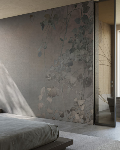 Tapet cu design minimalist și elegant, Edera, Variant 1, cu ramuri delicate de iederă în nuanțe de gri și maro.