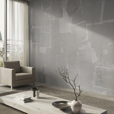 Tapet modern cu design abstract geometric, nuanțe de gri, textura fină asemănătoare cu pânza.