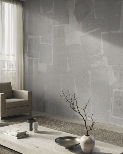 Tapet modern cu design abstract geometric, nuanțe de gri, textura fină asemănătoare cu pânza.