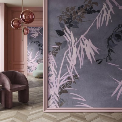 Tapet Etoile, Variant 1 cu un design modern si elegant cu frunze in culori de gri, lila si mov pe un fond gri.