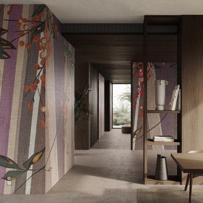 Tapet cu aspect textil, cu un model minimalist, inspirat de natura si motivele japoneze, cu o combinatie de nuante neutre si culori calde.