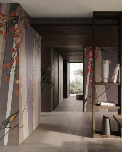 Tapet cu aspect textil, cu un model minimalist, inspirat de natura si motivele japoneze, cu o combinatie de nuante neutre si culori calde.