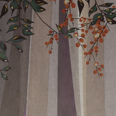 Tapet cu aspect textil, cu un model minimalist, inspirat de natura si motivele japoneze, cu o combinatie de nuante neutre si culori calde.