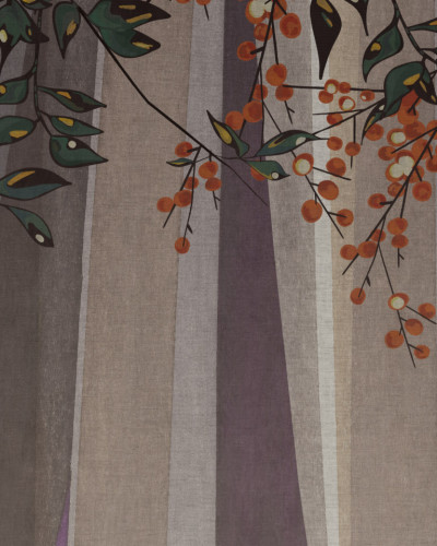 Tapet cu aspect textil, cu un model minimalist, inspirat de natura si motivele japoneze, cu o combinatie de nuante neutre si culori calde.