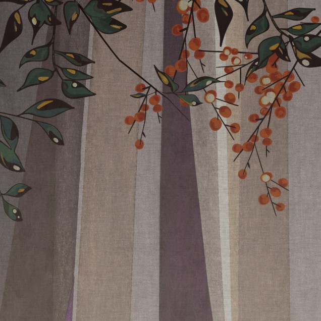 Tapet cu aspect textil, cu un model minimalist, inspirat de natura si motivele japoneze, cu o combinatie de nuante neutre si culori calde.