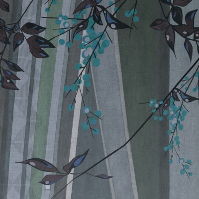 Tapet cu design modern, ramuri delicate și fructe albastre pe fundal cu dungi verticale